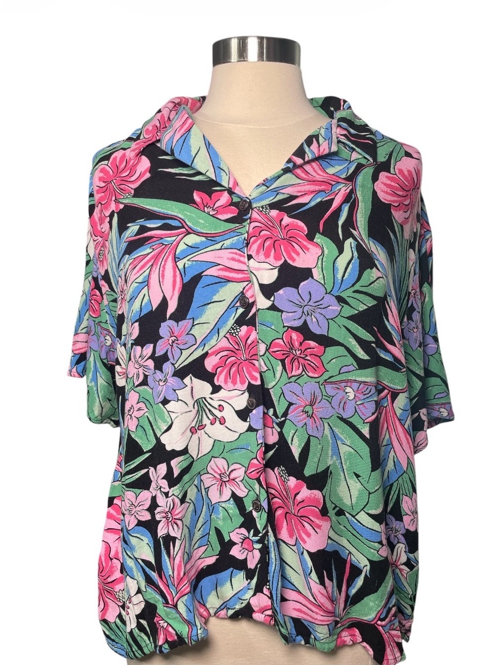 Button-Front Collared Hawaiian Shirt Floral Short Sleeve Large
